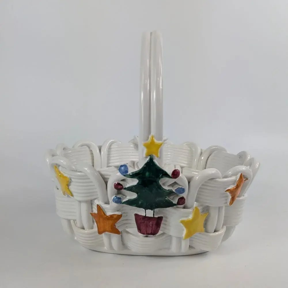 Handmade Italian Fused Glass Christmas Basket Veitri White Centerpiece Holiday
